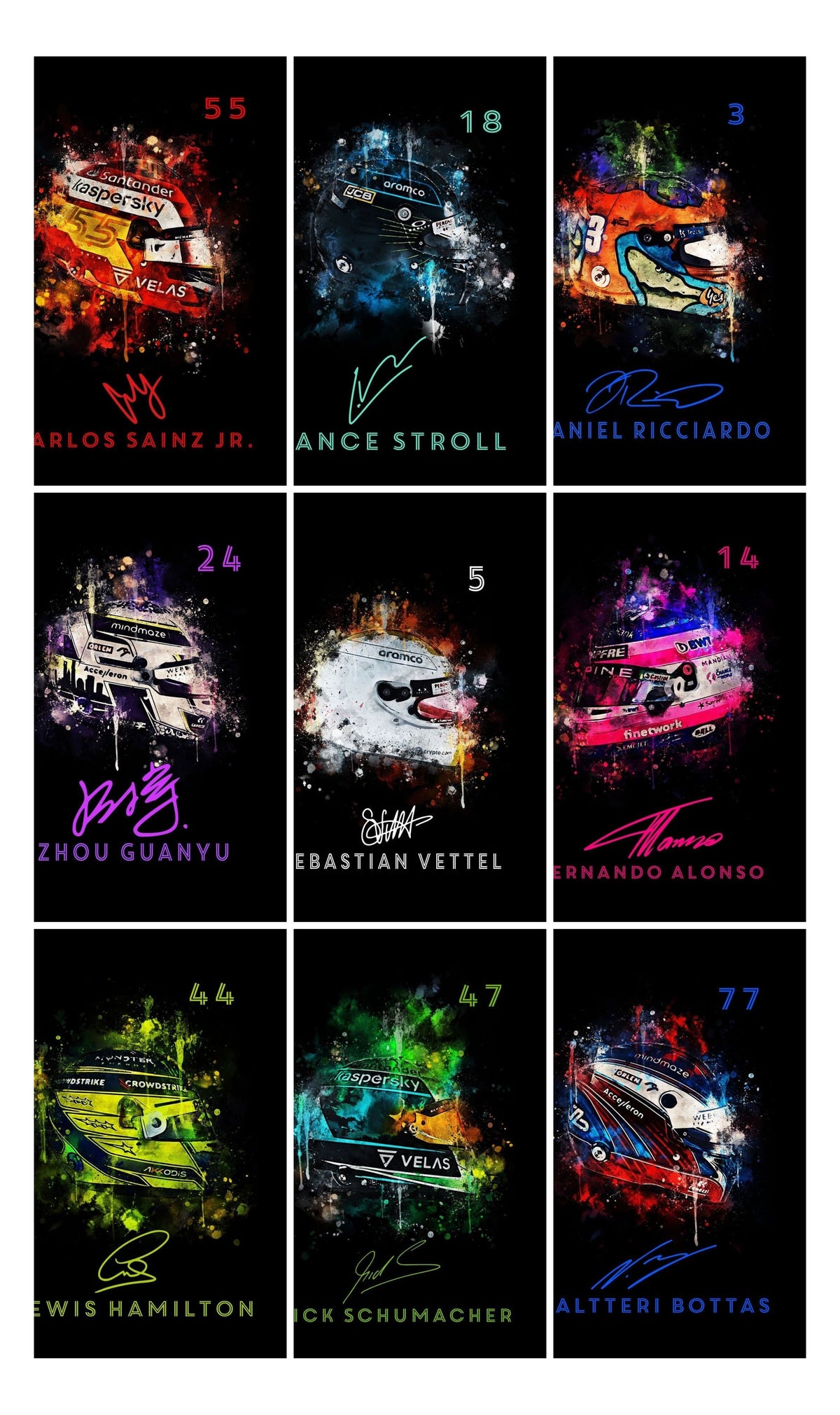 Poster Formel 1 Helm Aquarell Rennfahrer Name Unterschrift Rennnummer · Deko Print ohne Rahmen